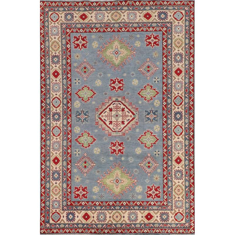 Light Blue Kazak Area Rug Living Room Hand-Knotted Wool Carpet - 6'8" x 9'9"