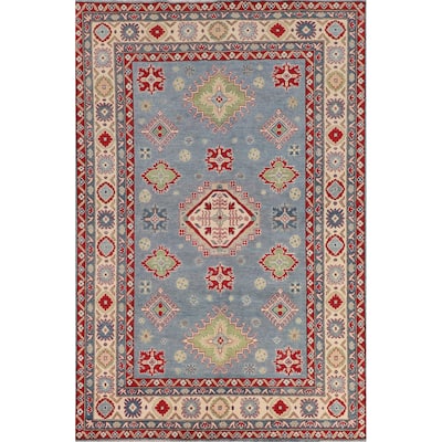 Light Blue Kazak Area Rug Living Room Hand-Knotted Wool Carpet - 6'8" x 9'9"