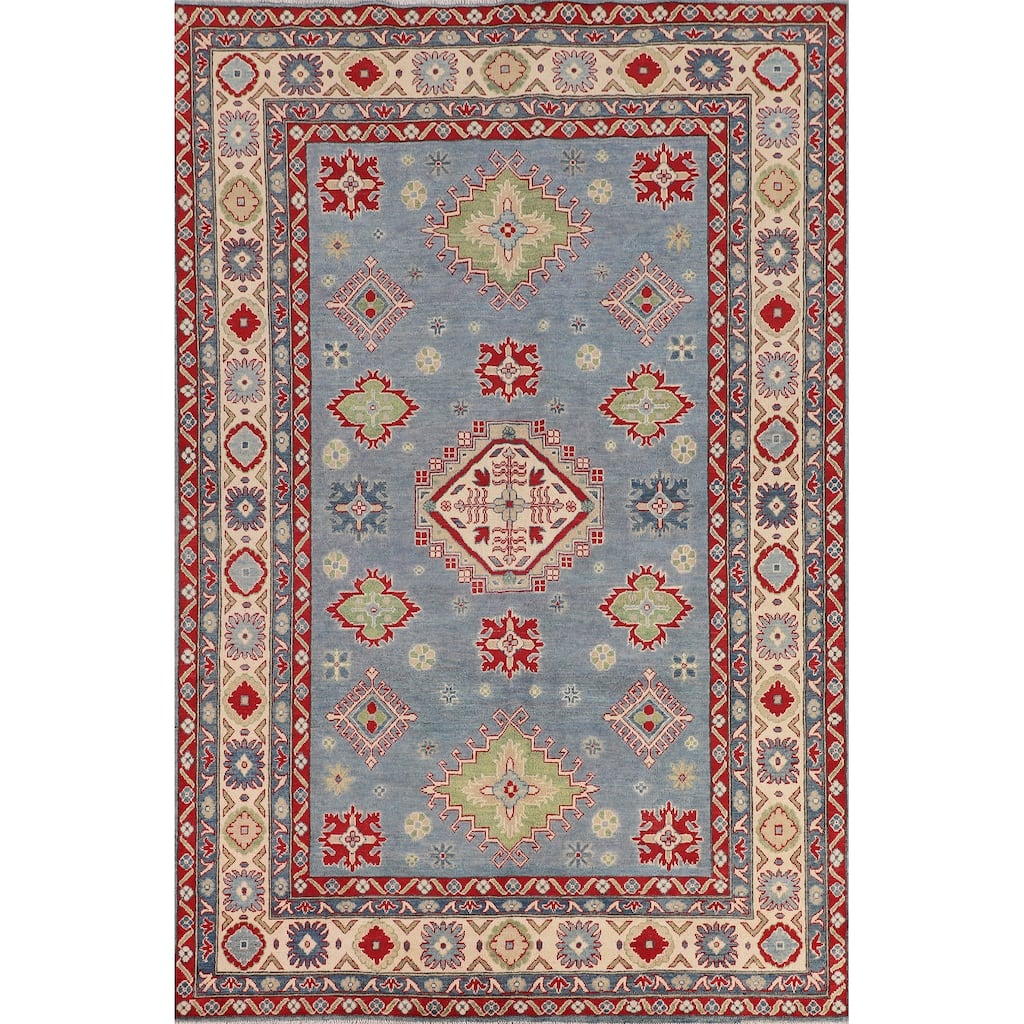 Light Blue Kazak Area Rug Living Room Hand-Knotted Wool Carpet - 6'8" x 9'9"