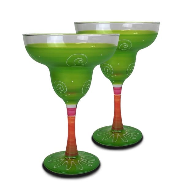 Set of 2 Green Floral Hand Painted Margarita Stemware Glasses 12 oz.