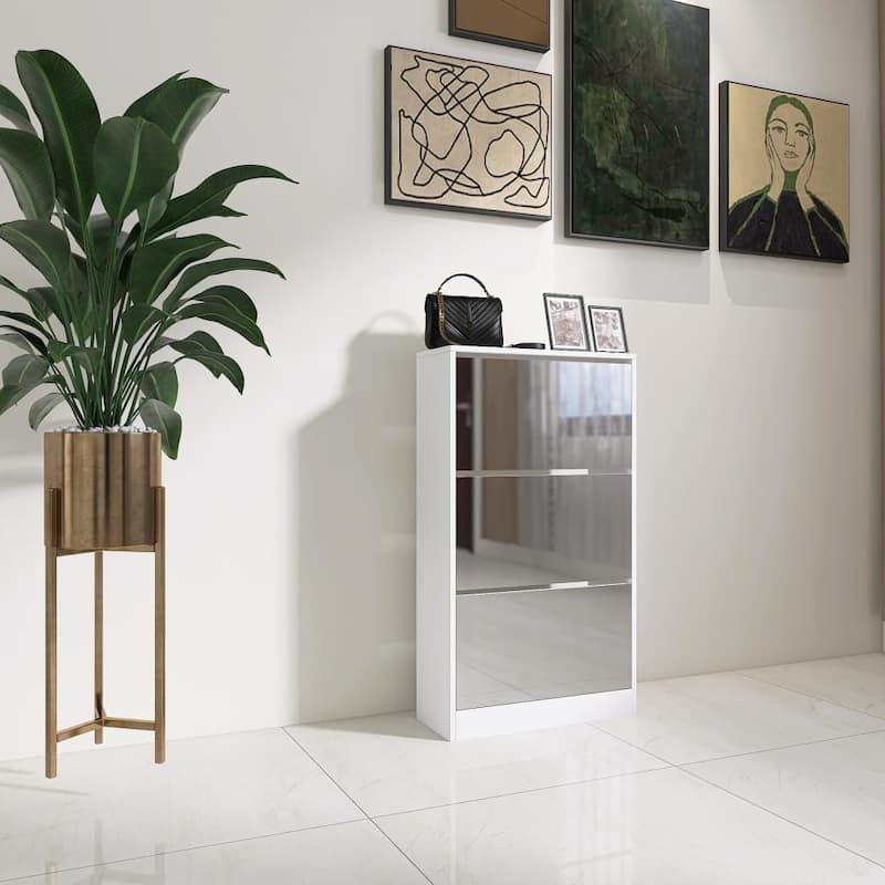 White Wood 3 Tier Shoe Storage Cabinet with Mirror - White
