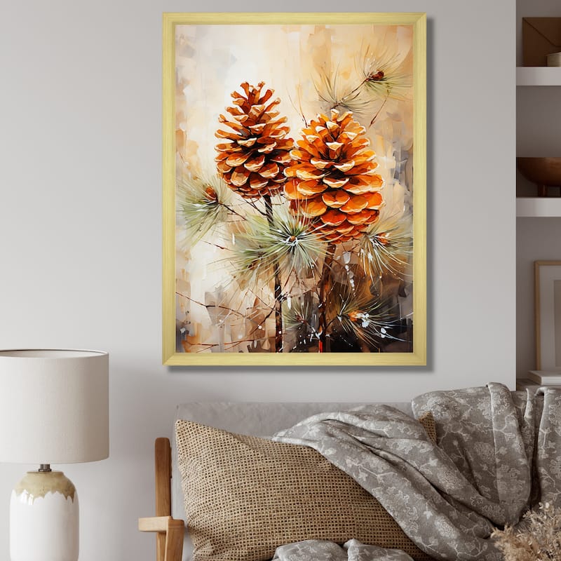 Designart "Spruce Pine Tree Forest IV" Tree Pine Wall Decor Brown - Traditional Bedroom Framed Canvas Wall Art - 16 in. wide x 32 in. high - Gold