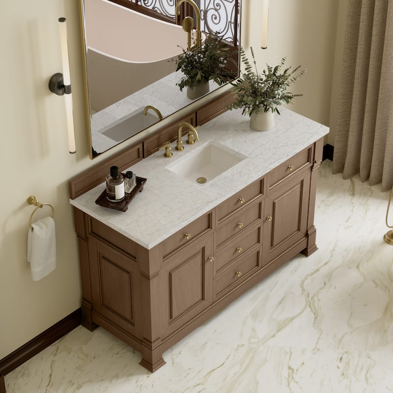 Brookfield 60S" Single Vanity, Pecan - Eternal Jasmine Pearl