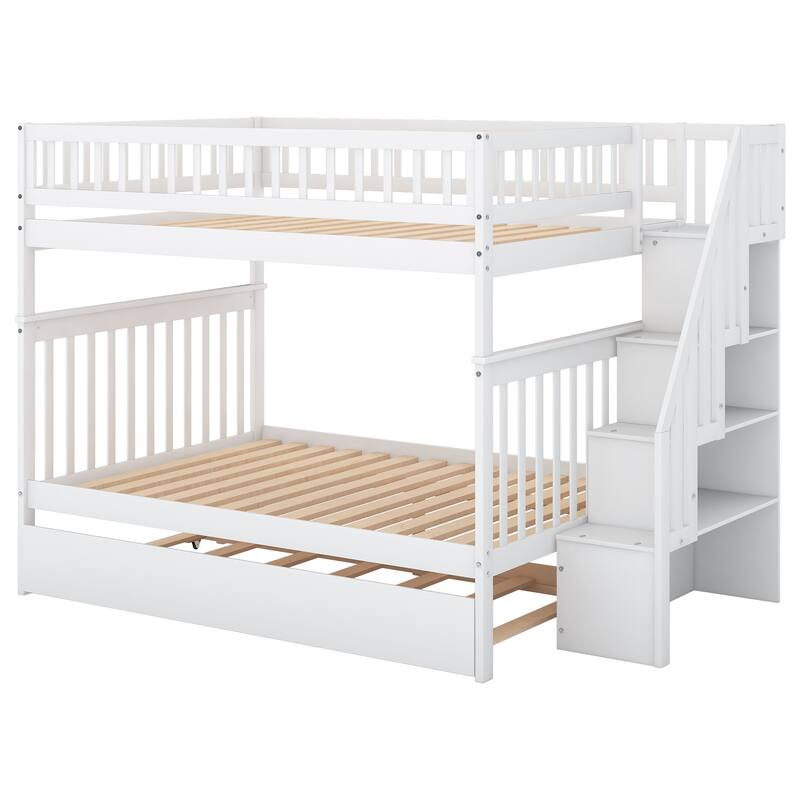 Full Pine Bunk Bed with Trundle and Storage Staircase, Convertible to Two Beds