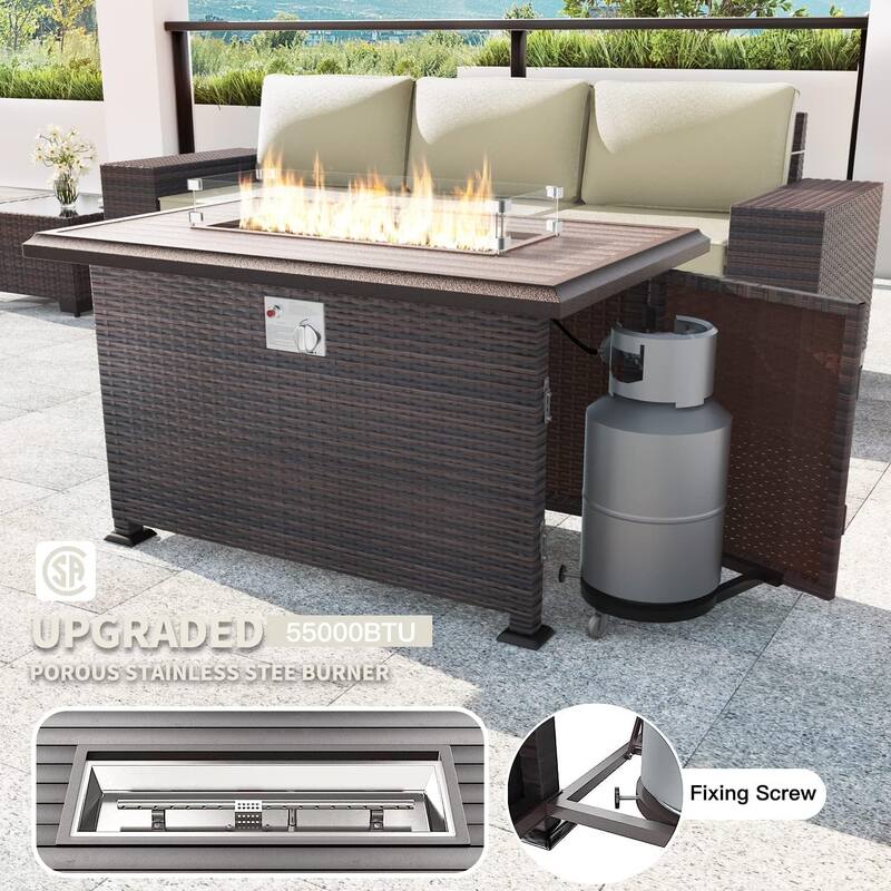 Outdoor Patio Furniture Set, All Weather PE Wicker Sectional Conversion Sofa set with Firepit(Optional)