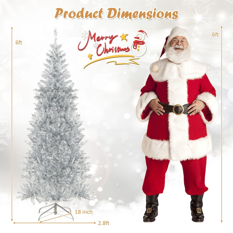 Gymax 6 FT Pre-lit Artificial Silver Tinsel Christmas Tree Slim Pencil