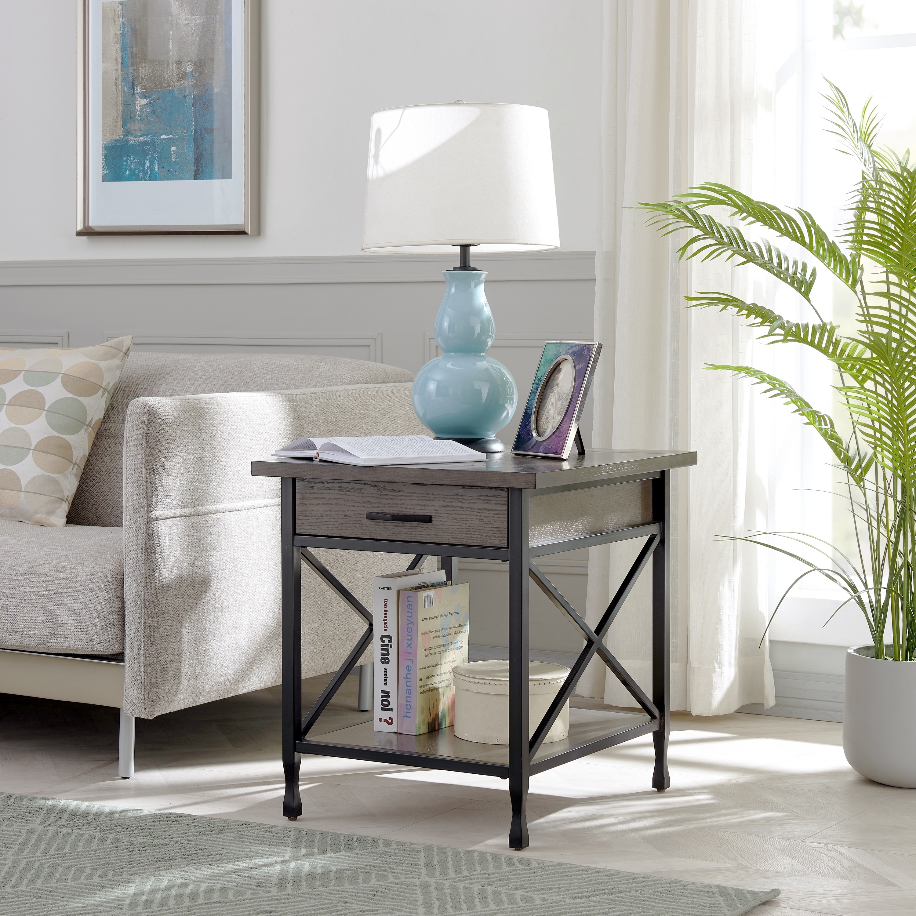 Gray/ Matte Black X Design Mixed Wood and Metal Drawer End Table