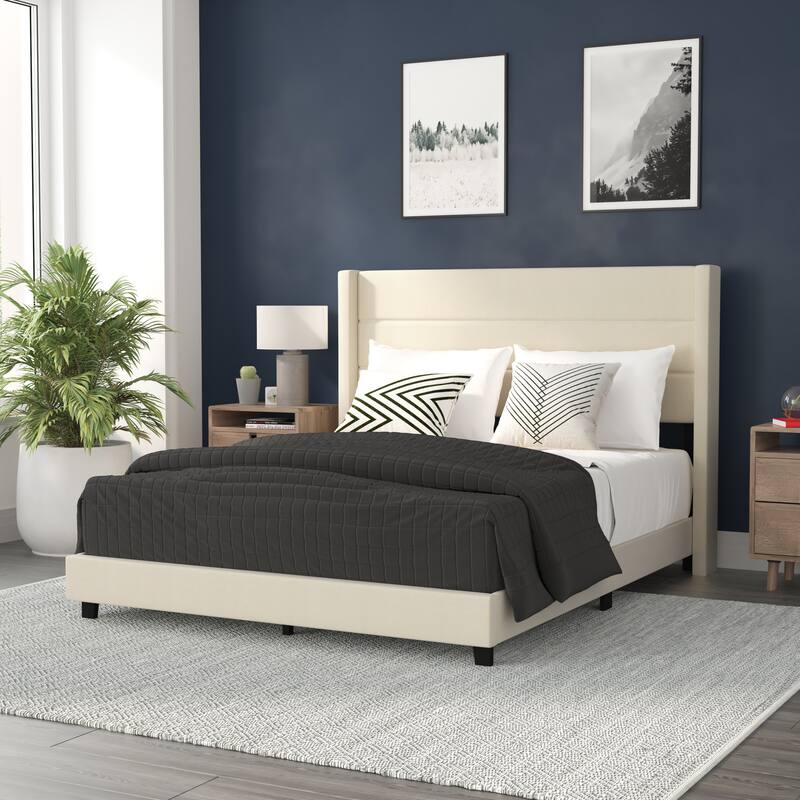 Upholstered Platform Bed with Wingback Headboard - Beige - Queen