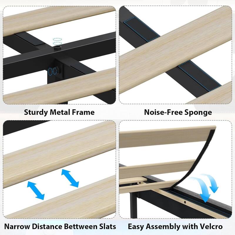 Floating Bed Frame with LED Lights, Upholstered Platform Bed Frame with Charging Station & Storage Headboard