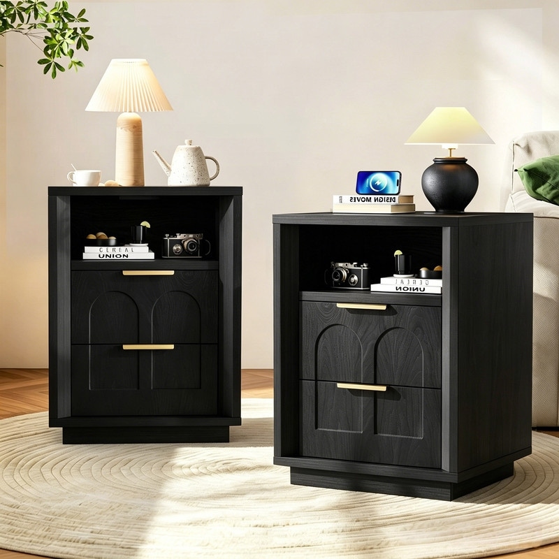 2-Drawer Wooden Nightstand with Open Shelf (Set of 2)