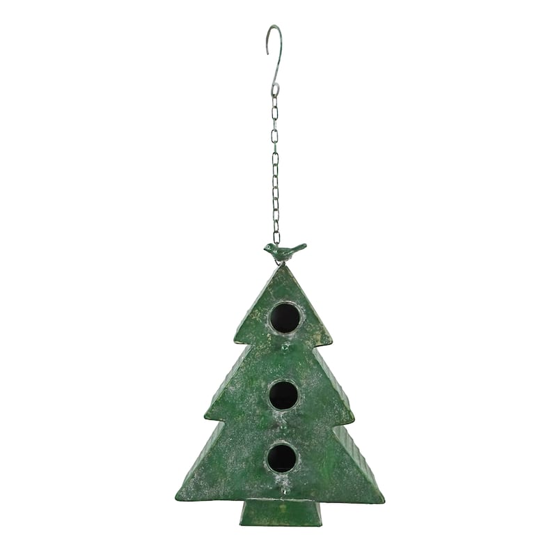 Alpine Corporation YHL300HH 27in Tall Hanging Christmas Tree Birdhouse with LED Lights Decorative Holiday Ornament - green