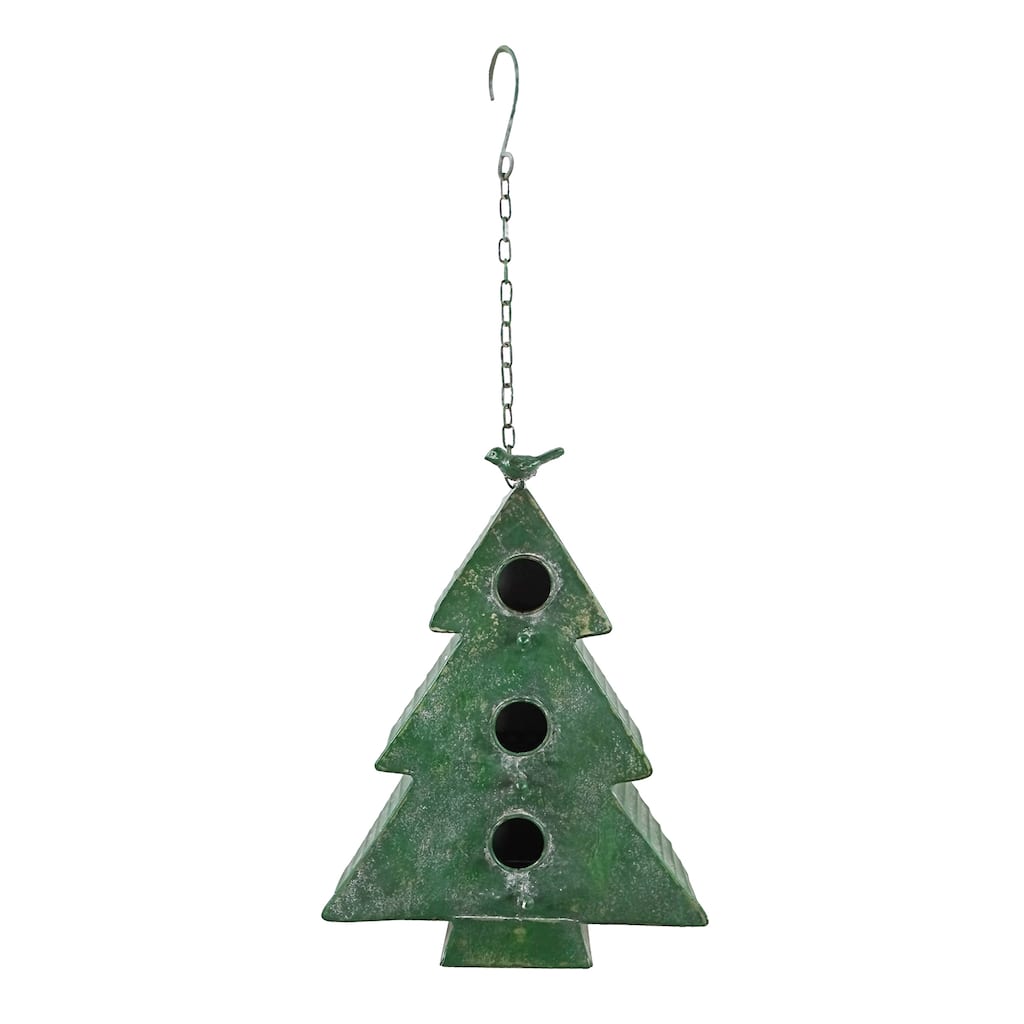 Alpine Corporation YHL300HH 27in Tall Hanging Christmas Tree Birdhouse with LED Lights Decorative Holiday Ornament - green
