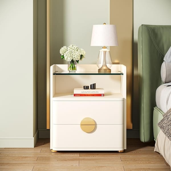 slide 2 of 7, Modern Nightstand with Open Storage Shelf and 2 Drawers White