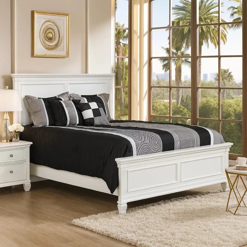 Umi Full Size Bed, Classic Panel Design with Molded Details, White Wood