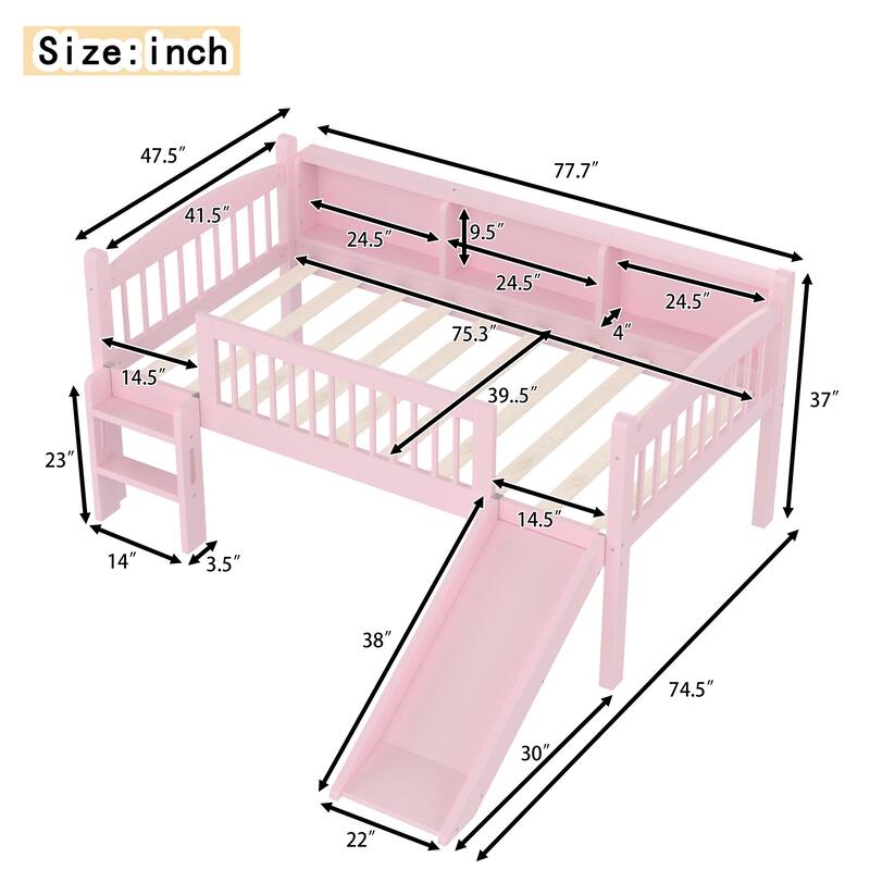 Twin Loft Bed with Storage Shelves, LED Lights & Guardrails