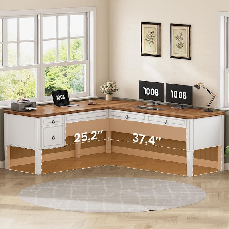 Farmhouse Executive L Shaped Desk Home Office Desk with Drawers and Storage Cabinet & Power Outlet