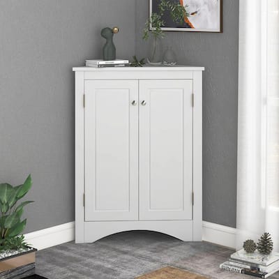 32" Wood 2-door Bathroom Corner Cabinet with Adjustable Shelves