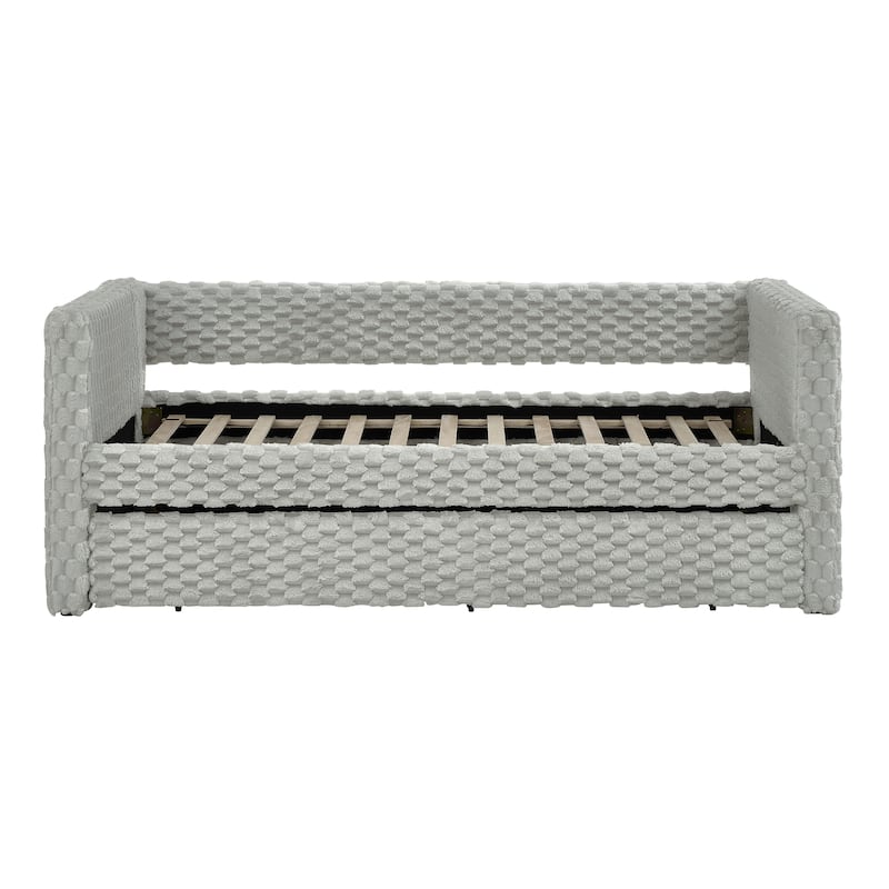 Corduroy Fabric Daybed Twin Size Upholstered Panel Frame Sofa Bed with Pull-out Trundle Bed, Low-Profile Platform Day Bed