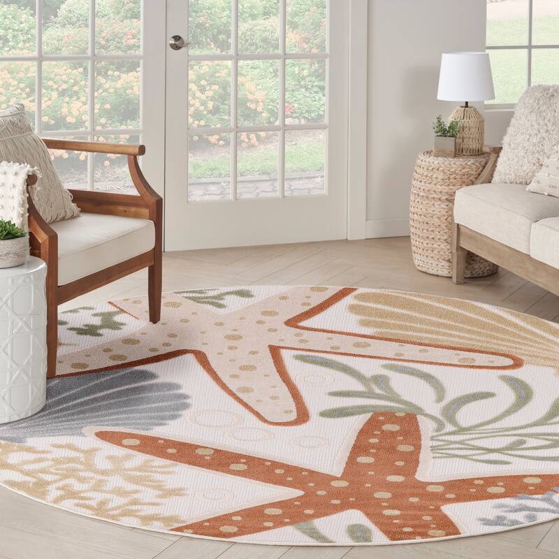 Nourison Aloha Coastal Starfish Indoor/Outdoor Area Rug - 7'10" x Round - Multi/Yellow/Ivory