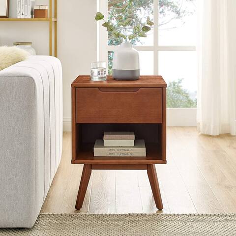 BIKAHOM Mid-Century Modern Solid Wood Nightstand for Bedroom,End Table for Living Room with 1 Storage Drawer and Open Shelf