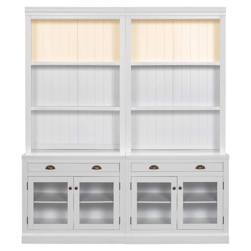83.4" Modern Bookshelf Suite with LED Lights, Glass Doors, Drawers & Open Shelves, 2-Piece Storage Bookcase Set for Home Office