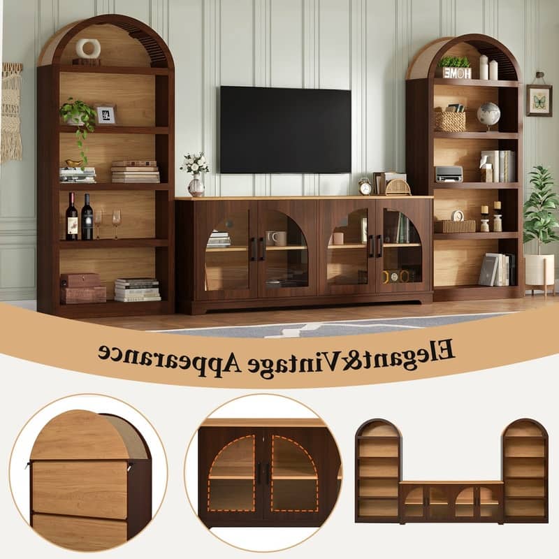 Farmhouse 3-Piece TV Stand Set for TVs Up to 70", Entertainment Center with Arched Sideboard and Glass Doors for Living Room