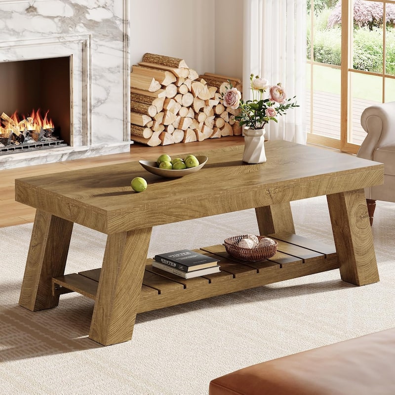 47.24" Rectangular Coffee Table, Farmhouse Wood Center Tables for Living Room - Brown