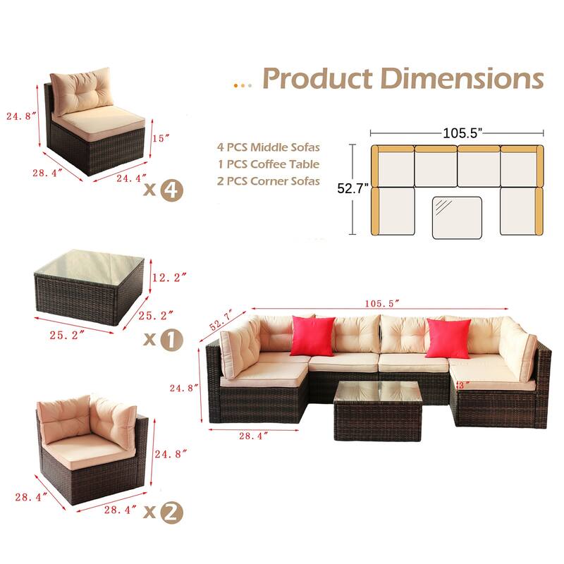 7 Piece Rattan Outdoor Patio Furniture Set, Sofa Set With Glass Table - N/A