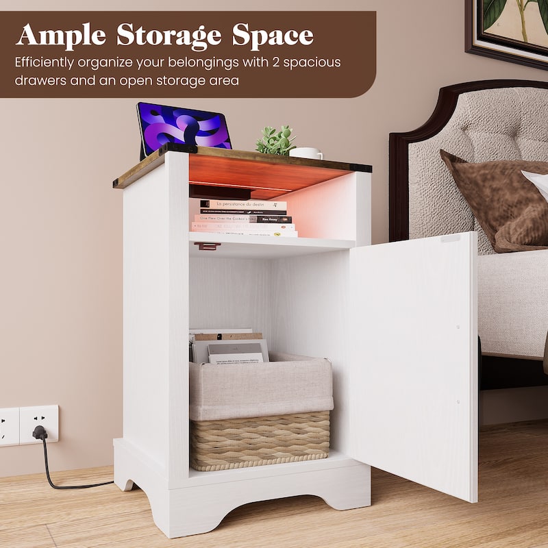 Farmhouse Nightstand Set of 2 With LED Lights and Charging Station