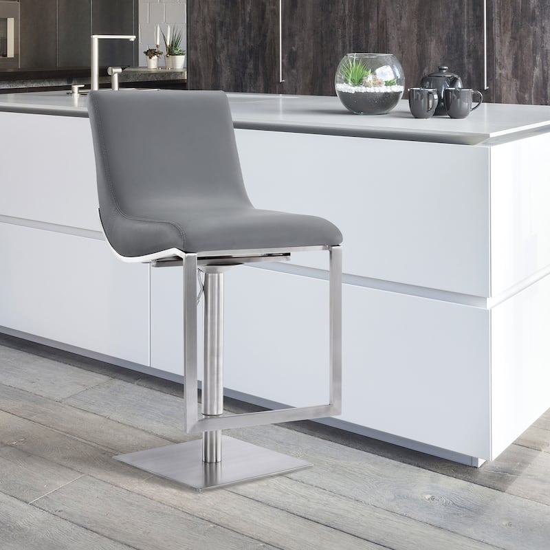 Victory Grey Faux Leather and Brushed Stainless Steel Swivel Adjustable Height Bar Stool