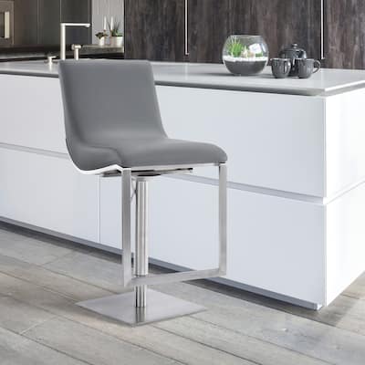 Victory Grey Faux Leather and Brushed Stainless Steel Swivel Adjustable Height Bar Stool