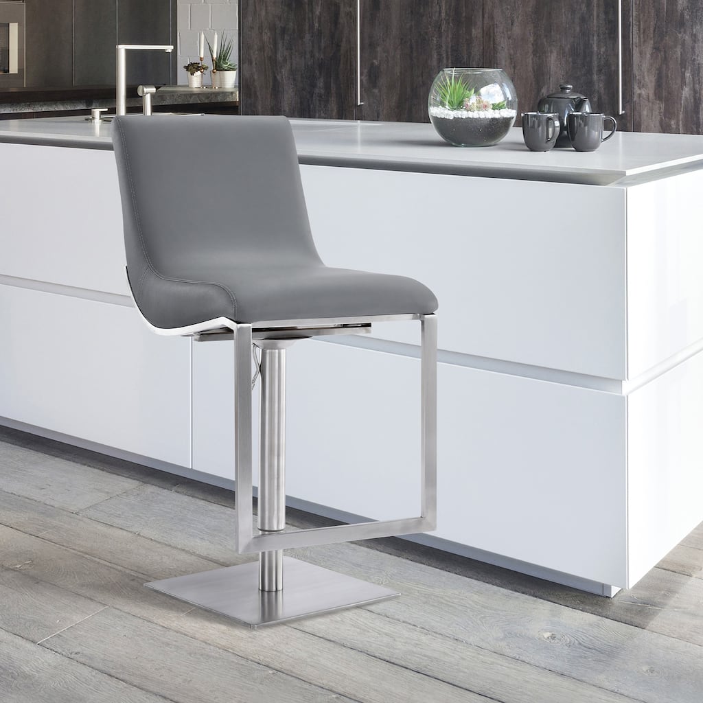 Victory Grey Faux Leather and Brushed Stainless Steel Swivel Adjustable Height Bar Stool