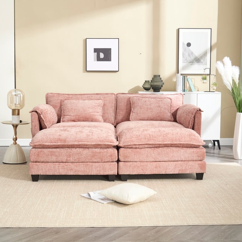 76.77" Chenille Upholstered Sofa with 2 Ottomans