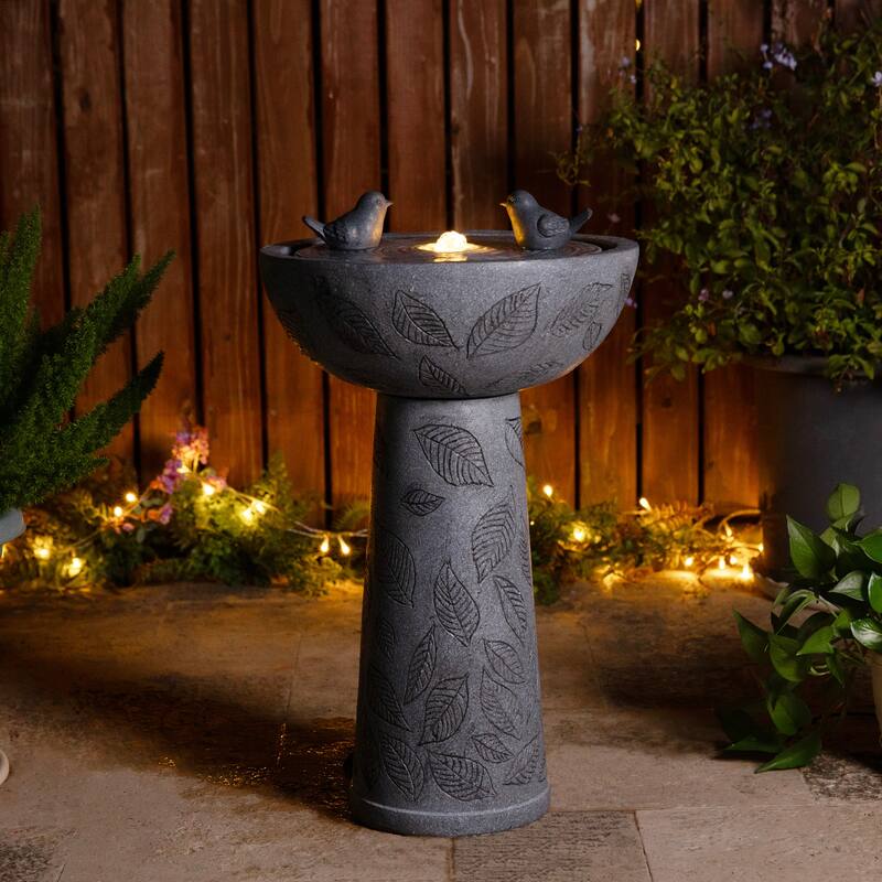 Glitzhome Birdbath Polyresin Outdoor Fountain with Birds, Pump and LED Light