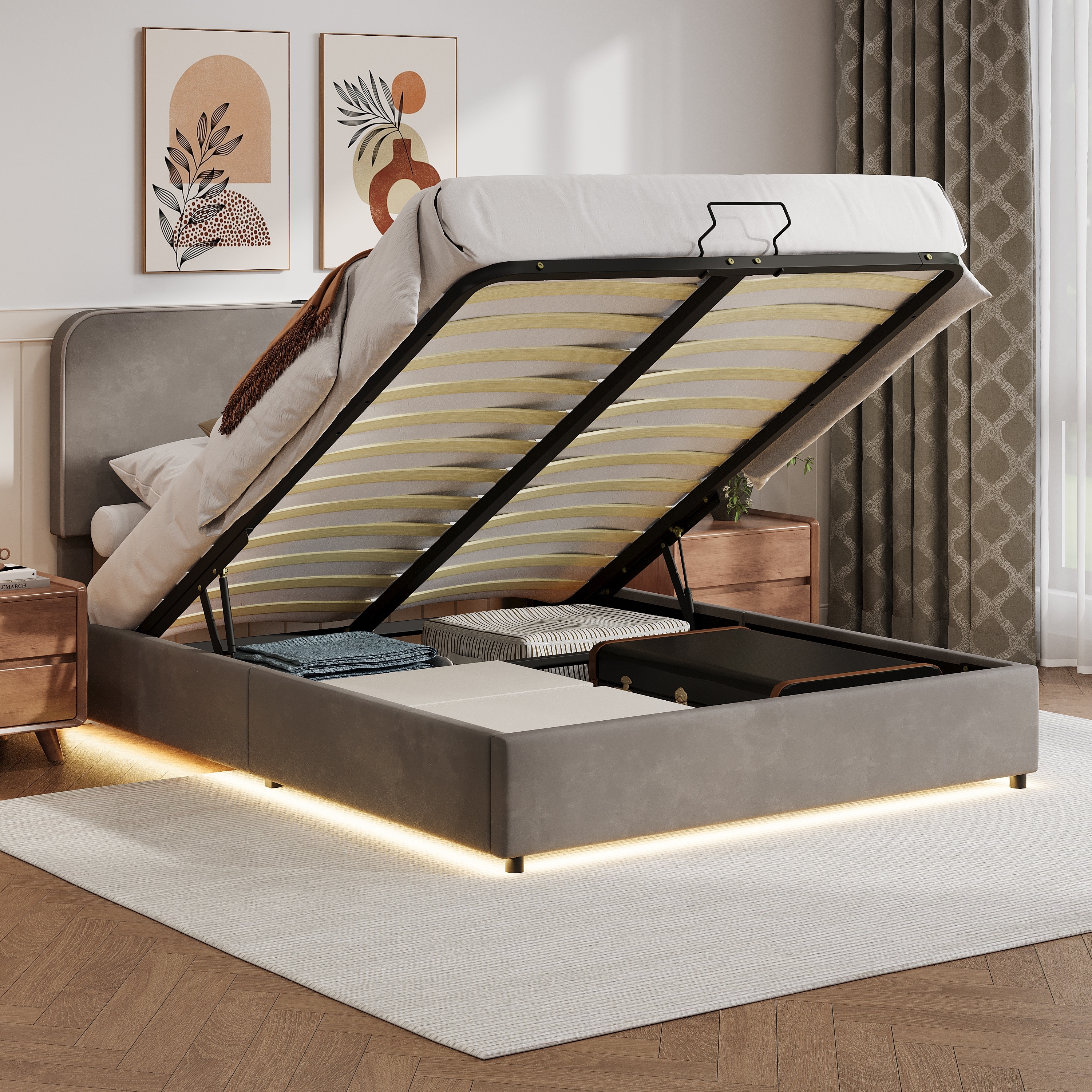Full Size Upholstered Platform Hydraulic Storage Bed,Lift Up Storage Bed with RGB LED Light,Bluetooth Speaker