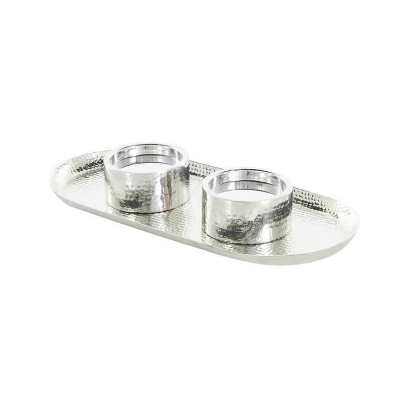 Stainless Steel Metal Hammered Decorative Candle Holder with Oval Tray Plate - Silver or Gold - Roche River Decor