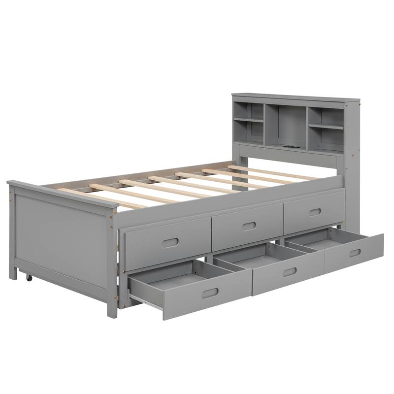 Twin Size Platform Bed with Storage Headboard, USB, Trundle, and 3 Drawers in Gray