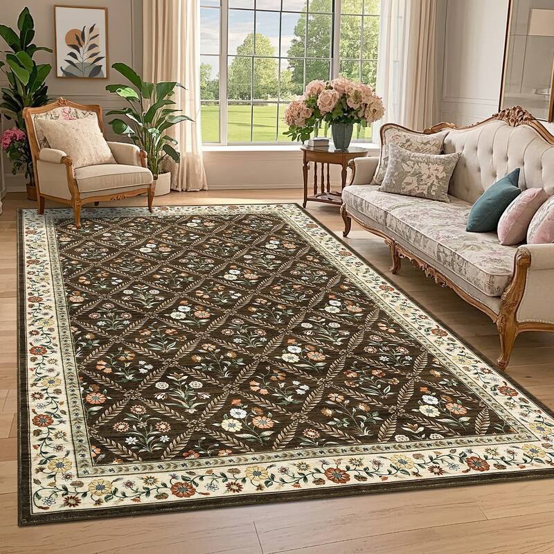Floral Area Rugs for Living Room Bedroom Soft Farmhouse Washable Rug Non-Slip Low Pile Accent Carpet - 10'x13' - Brown
