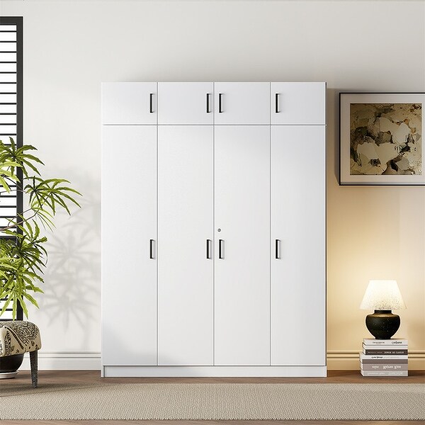 4-Door Wardrobe with 1 Drawer and Top Cabinet, Bedroom Armoire