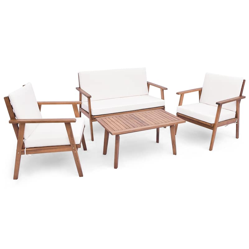 4 PCS Patio Conversation Set Acacia Wood Sofa Coffee Table w/ Cushions - White