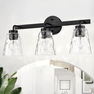 Matte Black 3-Light 22 in. Vanity Light with Hammered Clear Glass Shades - Matte Black