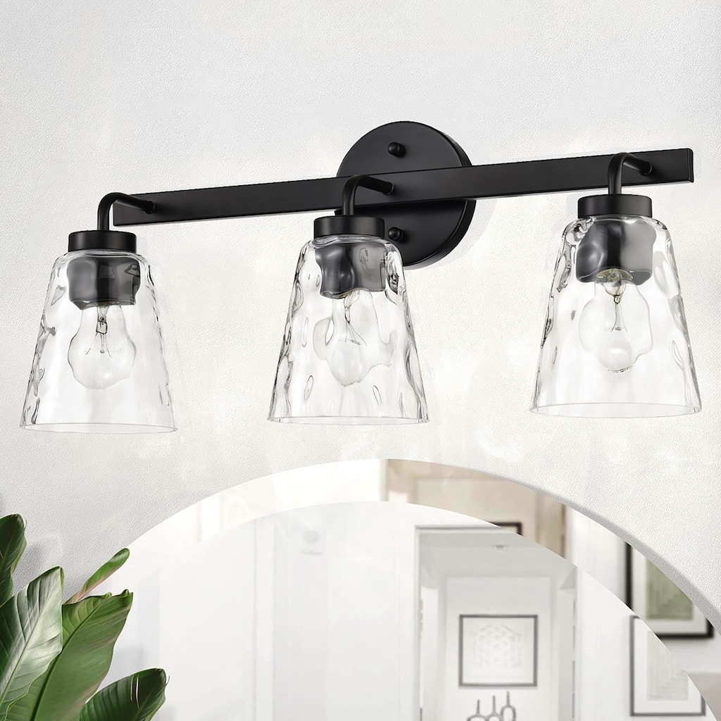 Matte Black 3-Light 22 in. Vanity Light with Hammered Clear Glass Shades - Matte Black