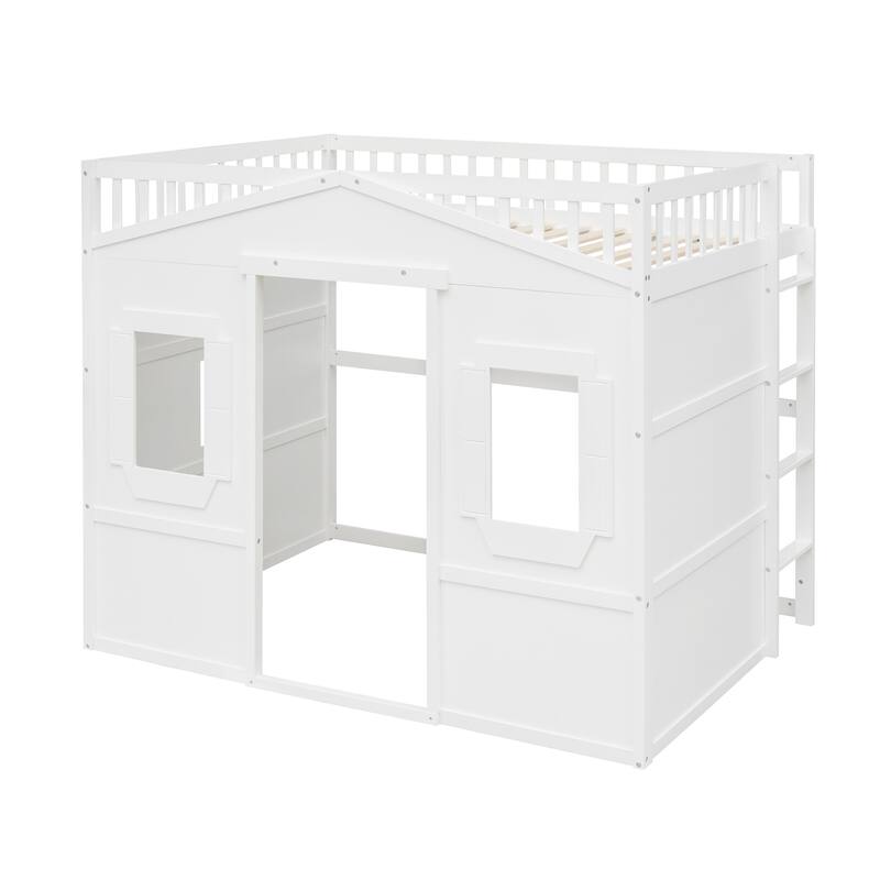 Modern Twin/Full Loft Bed with Ladder, Solid Pine Wood, Safety Guardrails