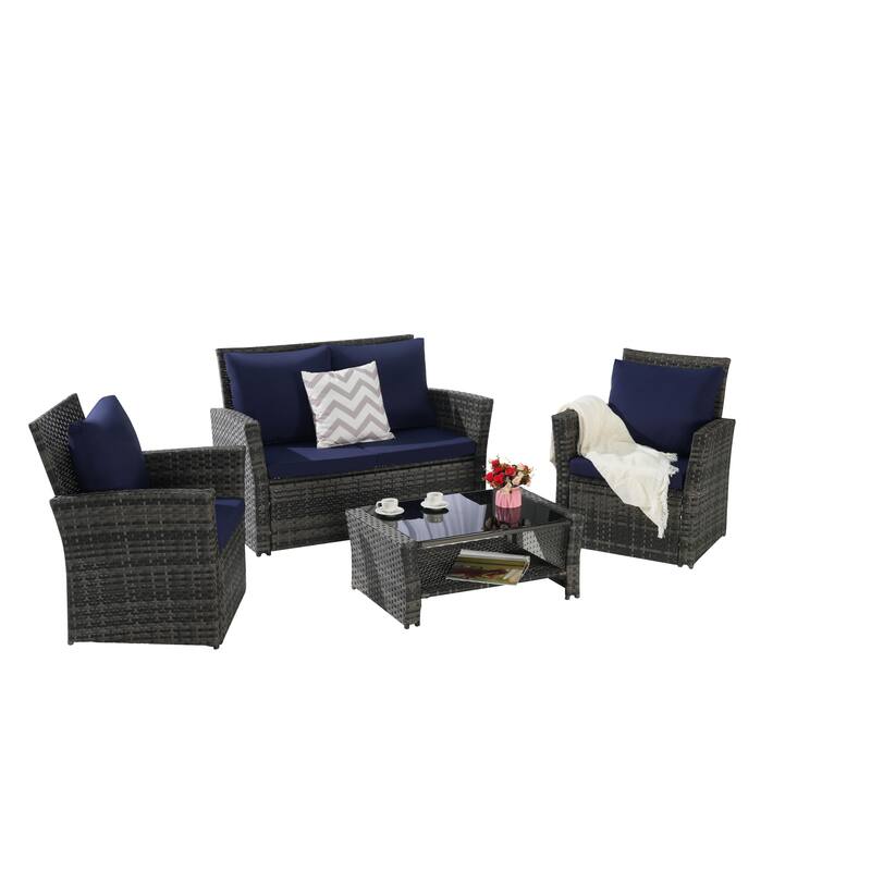 4-Piece Outdoor Patio Rattan Conversation Sofa Set with Tempered Glass Coffee Table