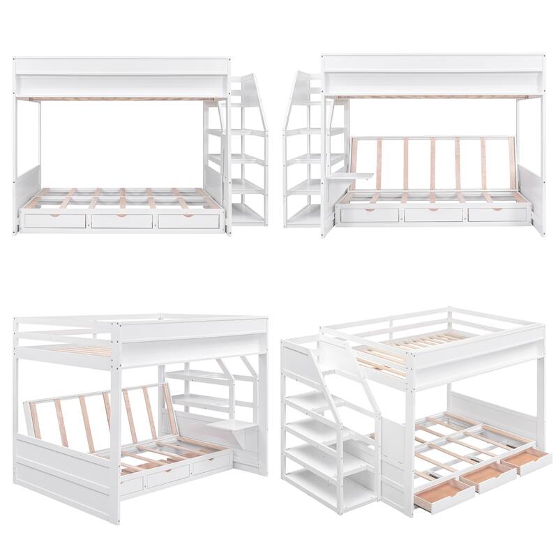 Wood Full Bunk Bed with Daybed Feature and 3 Storage Drawers