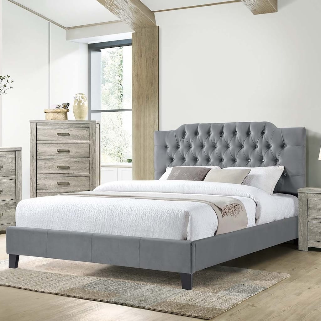 Modern Gray Velvet Full Size Bed with Tufted Headboard