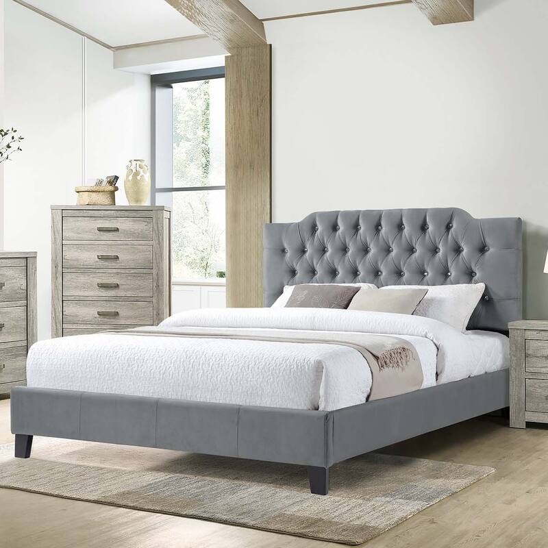 Modern Gray Velvet Full Size Bed with Tufted Headboard - Gray