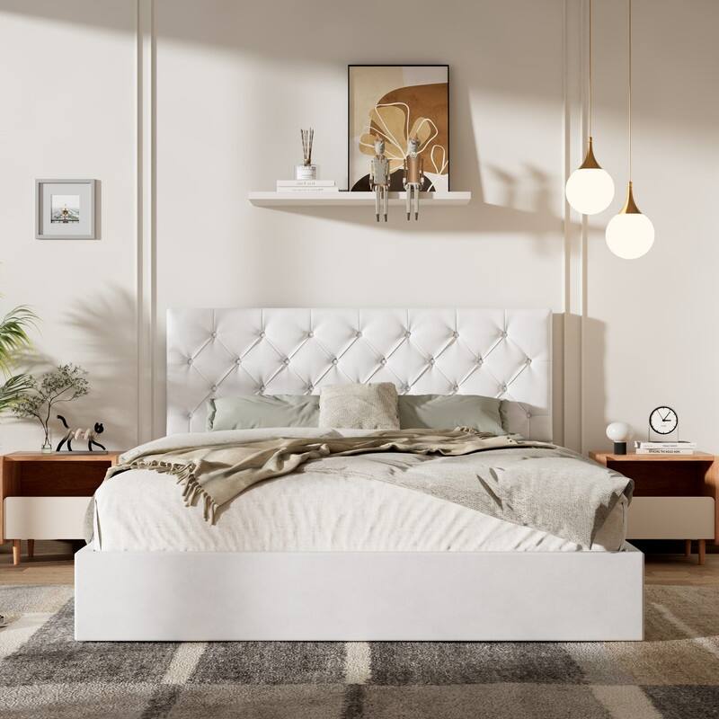 Plywood Frame Upholstered Platform Bed with Lift-up Storage Supported by Metal and Wooden Slats - White - Queen