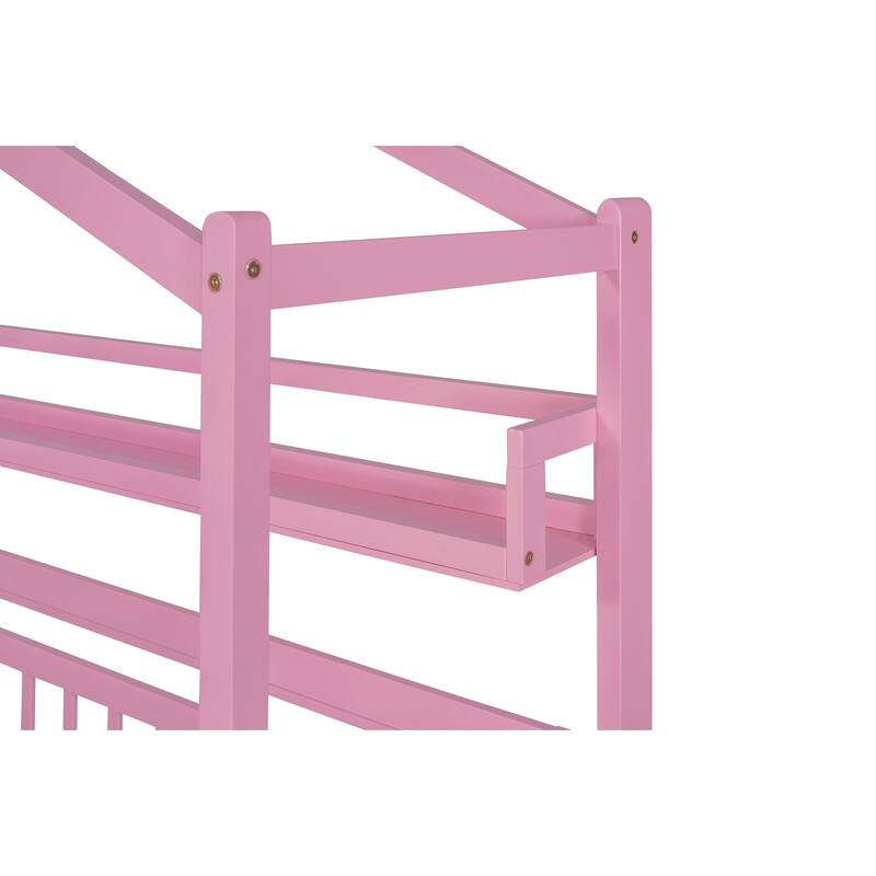 Cute Wooden Twin or Full House Bed with Trundle, Kids Bed Wood Platform Bed Frame with Safety Guardrail & Storage Shelf