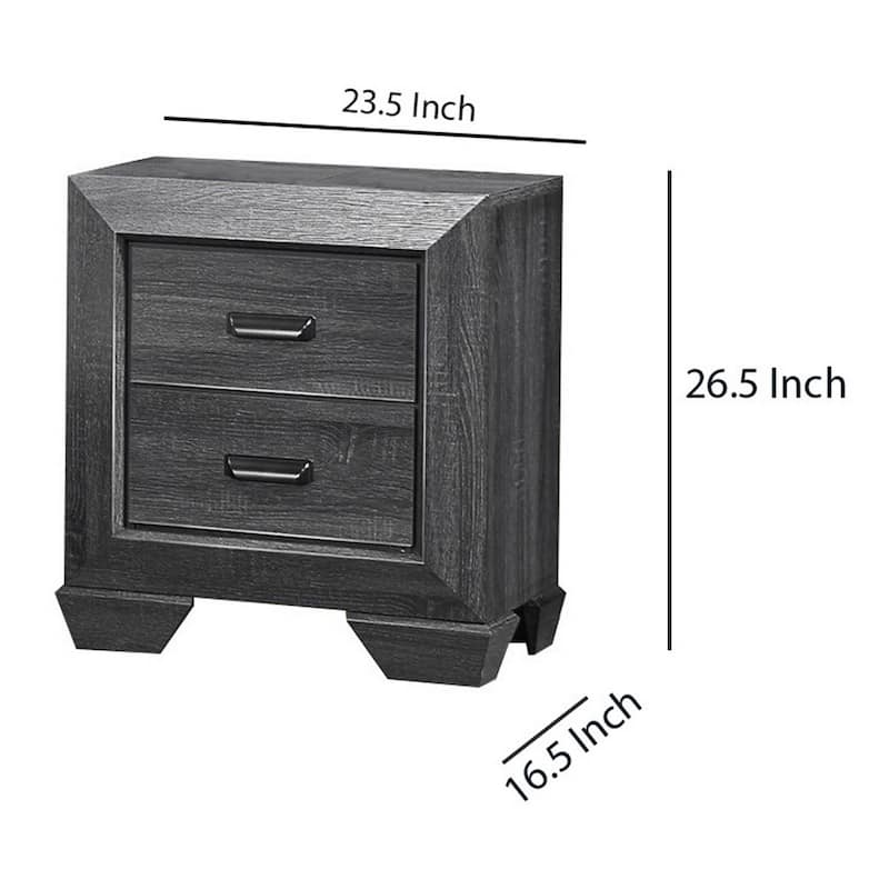 2 Drawer Wooden Nightstand with Raised Border and Cup Pulls, Dark Gray